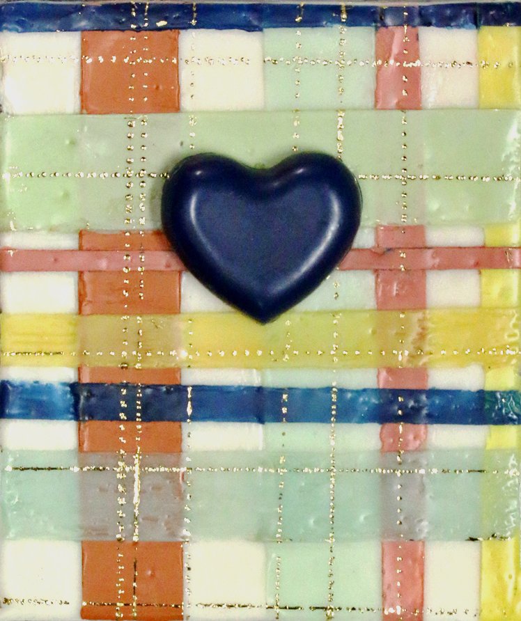 Carrie Goller - Blue Heart on Plaid, encaustic, 6.5 x 5.5