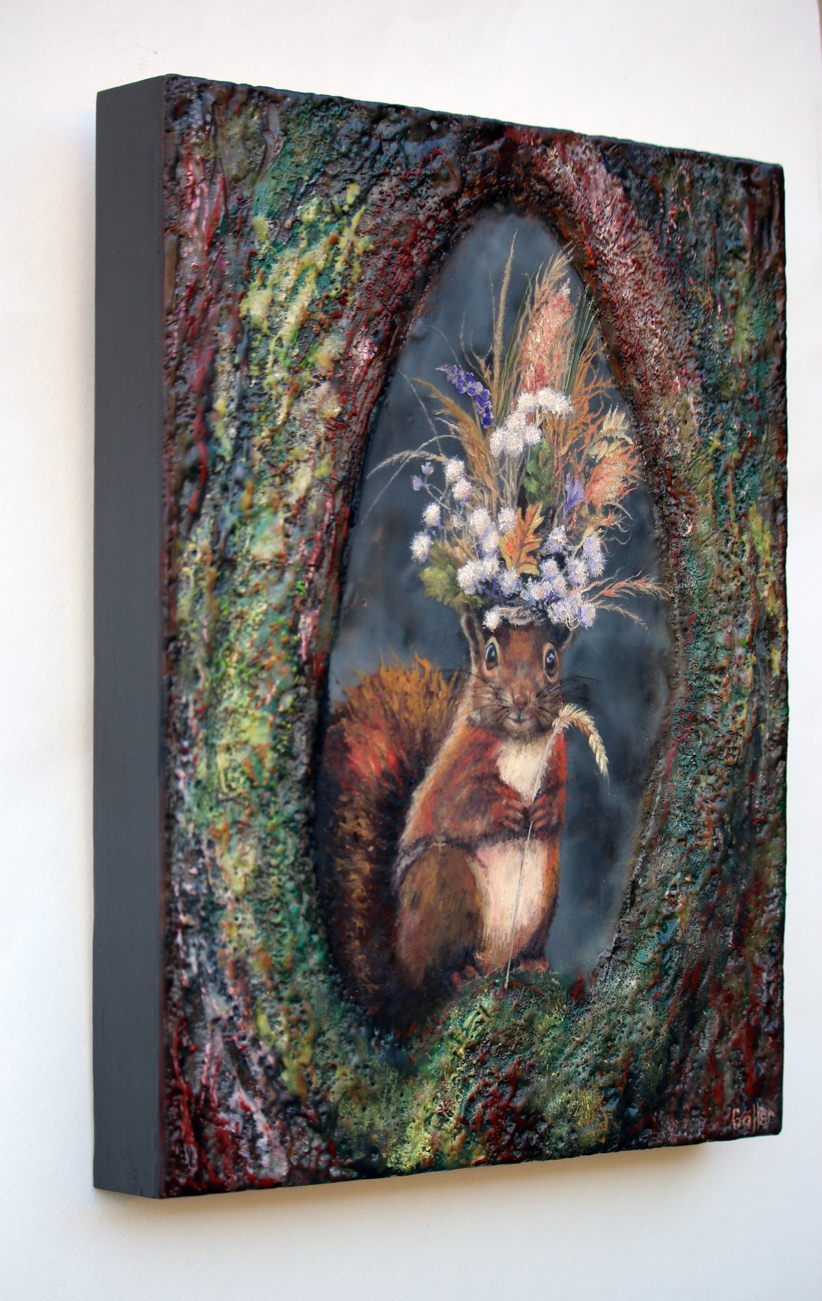 CARRIE GOLLER - Pope of the Forest (Floriferous Squirrel), Mixed Media - Oil/Encaustic 14"x11"