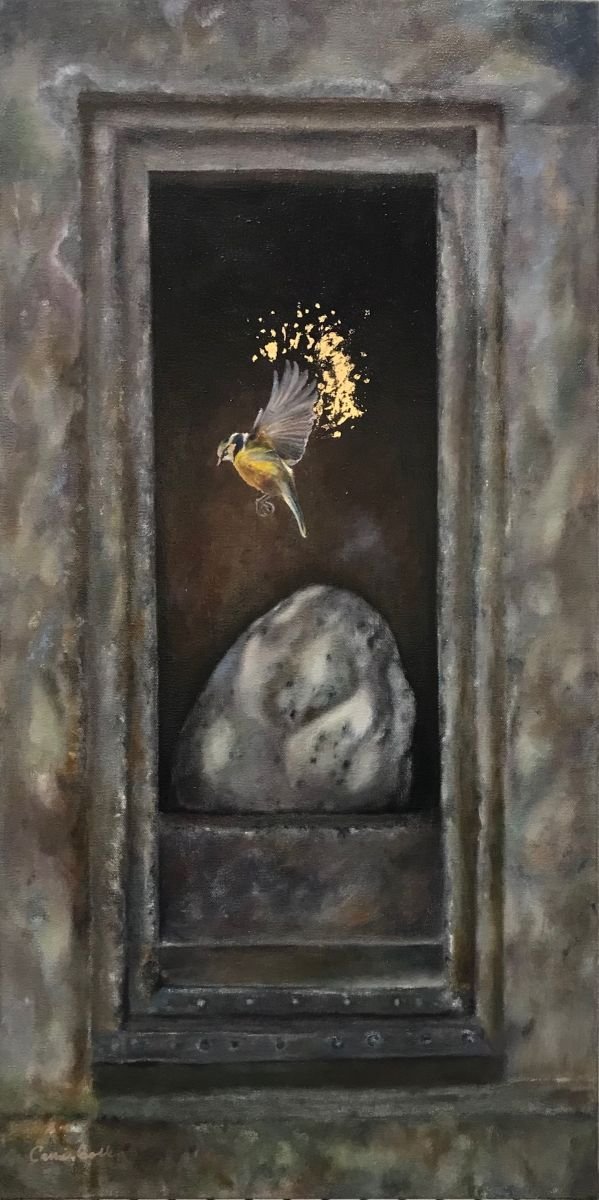 Prints available, original ***SOLD*** Carrie Goller - This Rock - Oil / Metal Leaf - 30x15