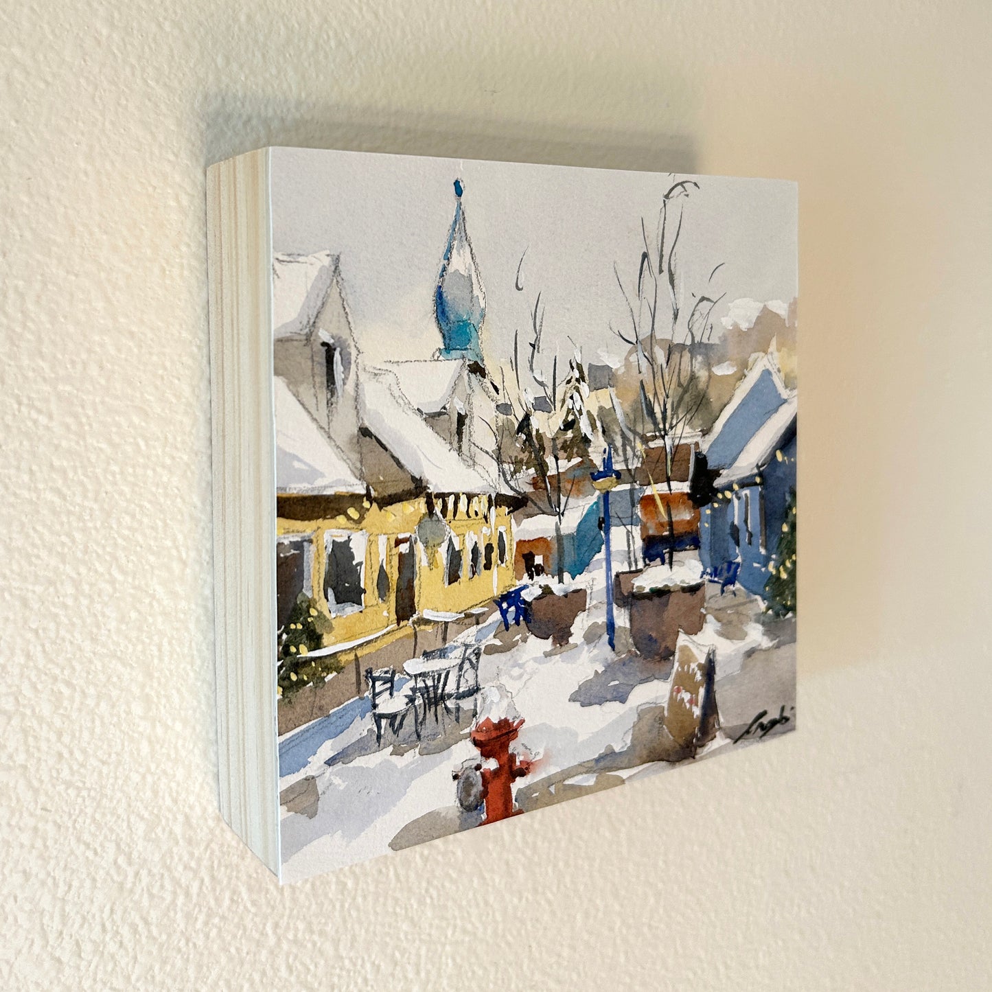 Ina Xi - Poulsbo Alley No.1, Watercolor paper on wood canvas, 6"x6"x1.5"