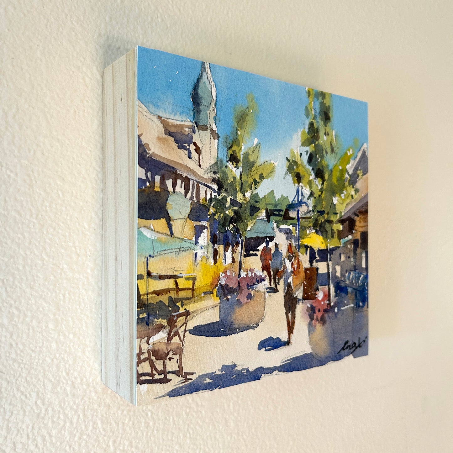 ***SOLD***Ina Xi - Poulsbo Alley No.3, Watercolor paper on wood canvas, 6"x6"x1.5"