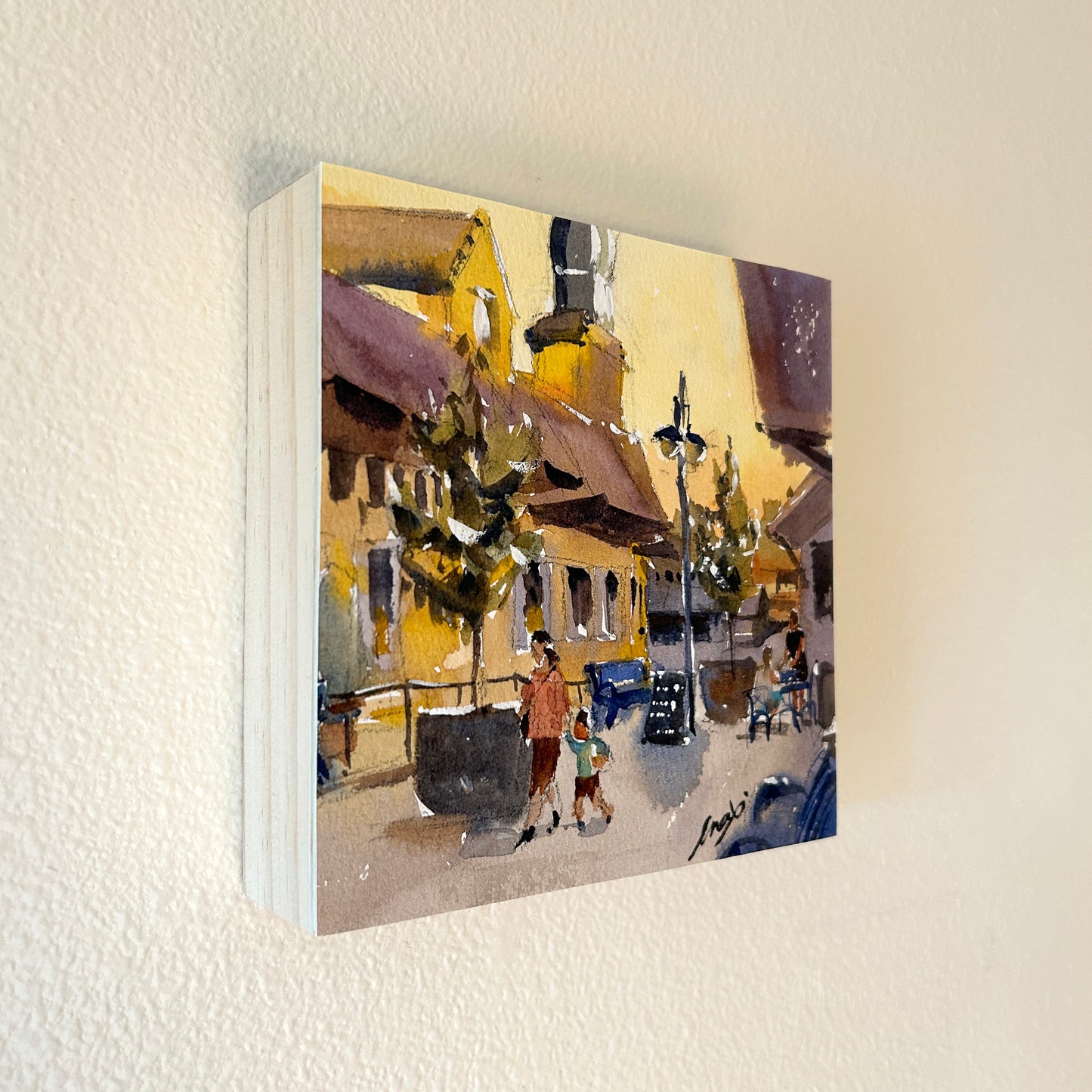 Ina Xi - Poulsbo Alley No.4, Watercolor paper on wood canvas, 6"x6"x1.5"