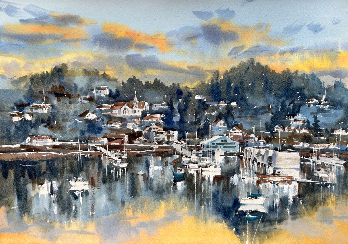 Ina Xi - Poulsbo Panorama, Original Plein Air Watercolor, 24x18, (framed)