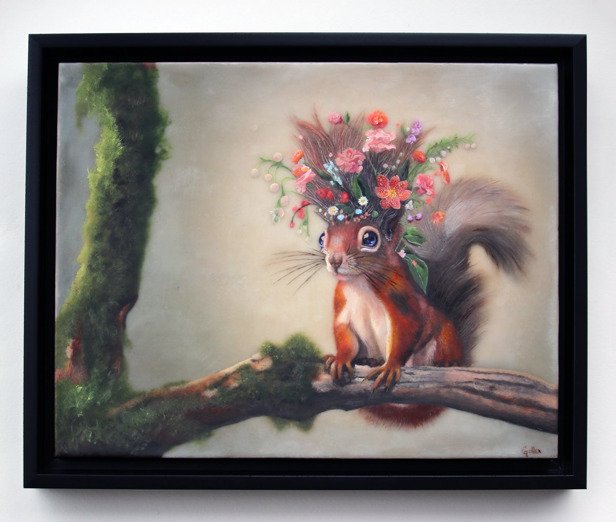 Prints available, original ***SOLD*** CARRIE GOLLER - Princess SummerFall WinterSpring (Floriferous Collection, Squirrel, Mixed Media - oil/encaustic 14x11 ***At Rehs Contemporary Galleries, NYC, please inquire at (212) 355-5710***