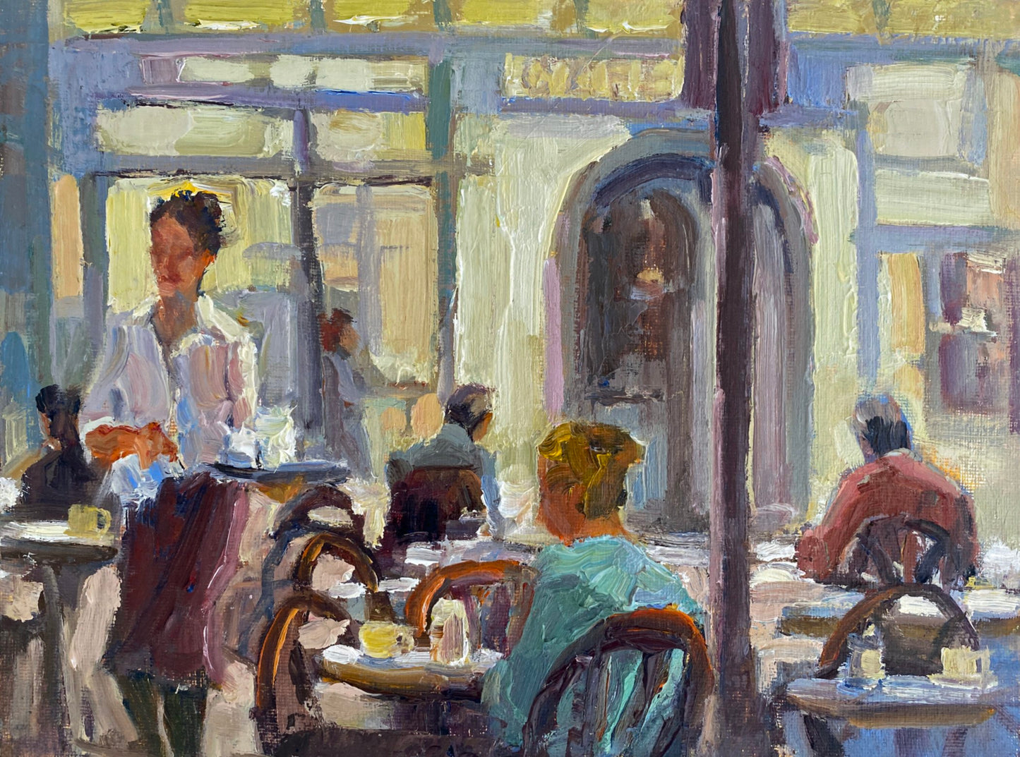 JEANNE EDWARDS - Quiet Cafe, oil on panel, 9x12 (framed)