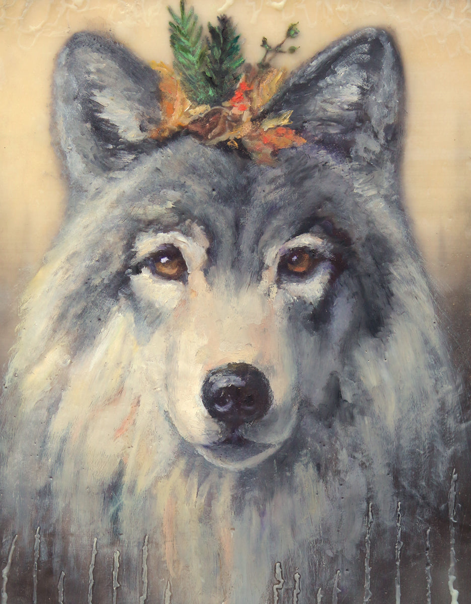 CARRIE GOLLER - Quiet Kingdom (Floriferous Collection, Dire Wolf), Mixed Media - oil/encaustic 14x11 ***At Abend Gallery, Denver, CO please inquire at (303) 355-0950***