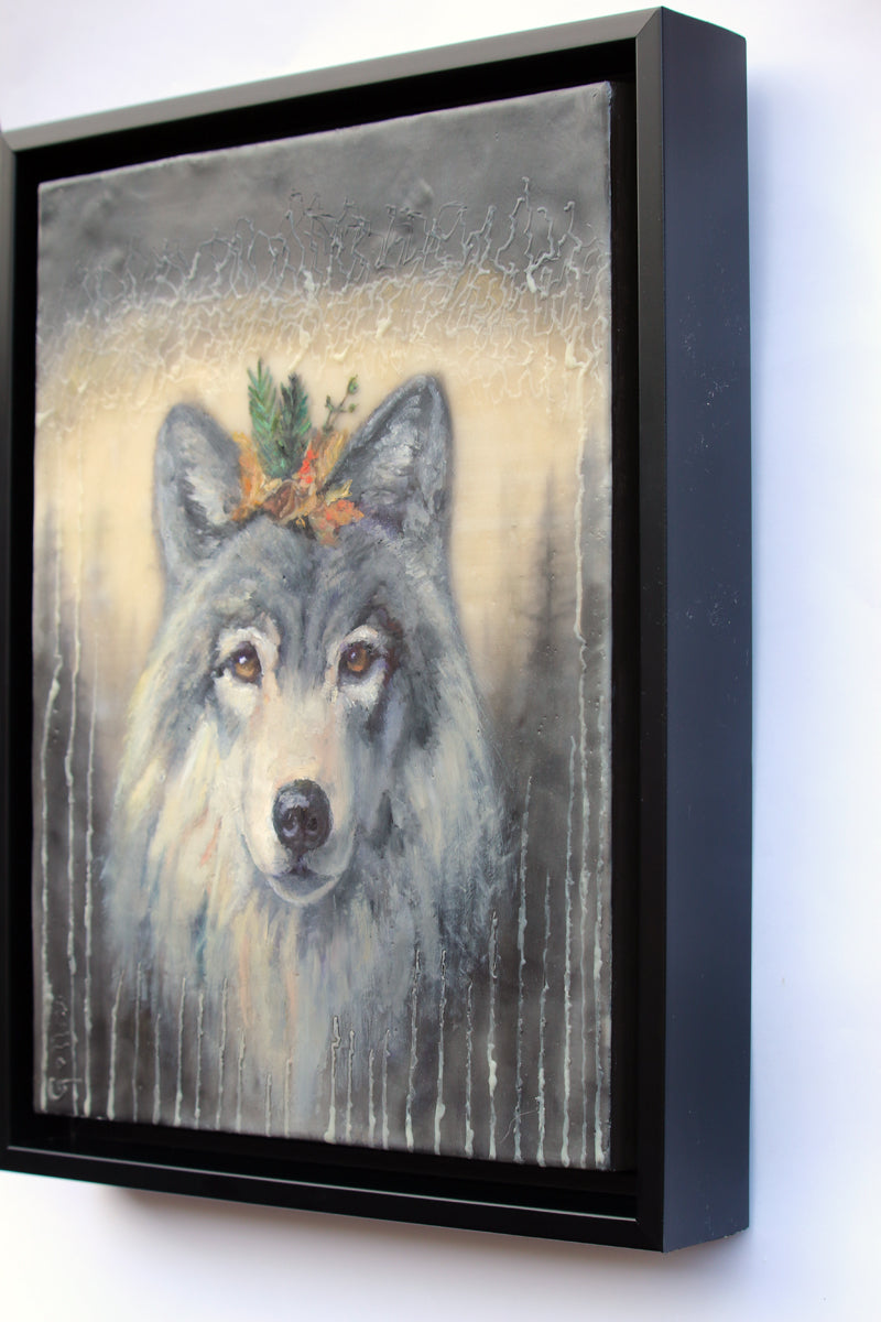 CARRIE GOLLER - Quiet Kingdom (Floriferous Collection, Dire Wolf), Mixed Media - oil/encaustic 14x11 ***At Abend Gallery, Denver, CO please inquire at (303) 355-0950***