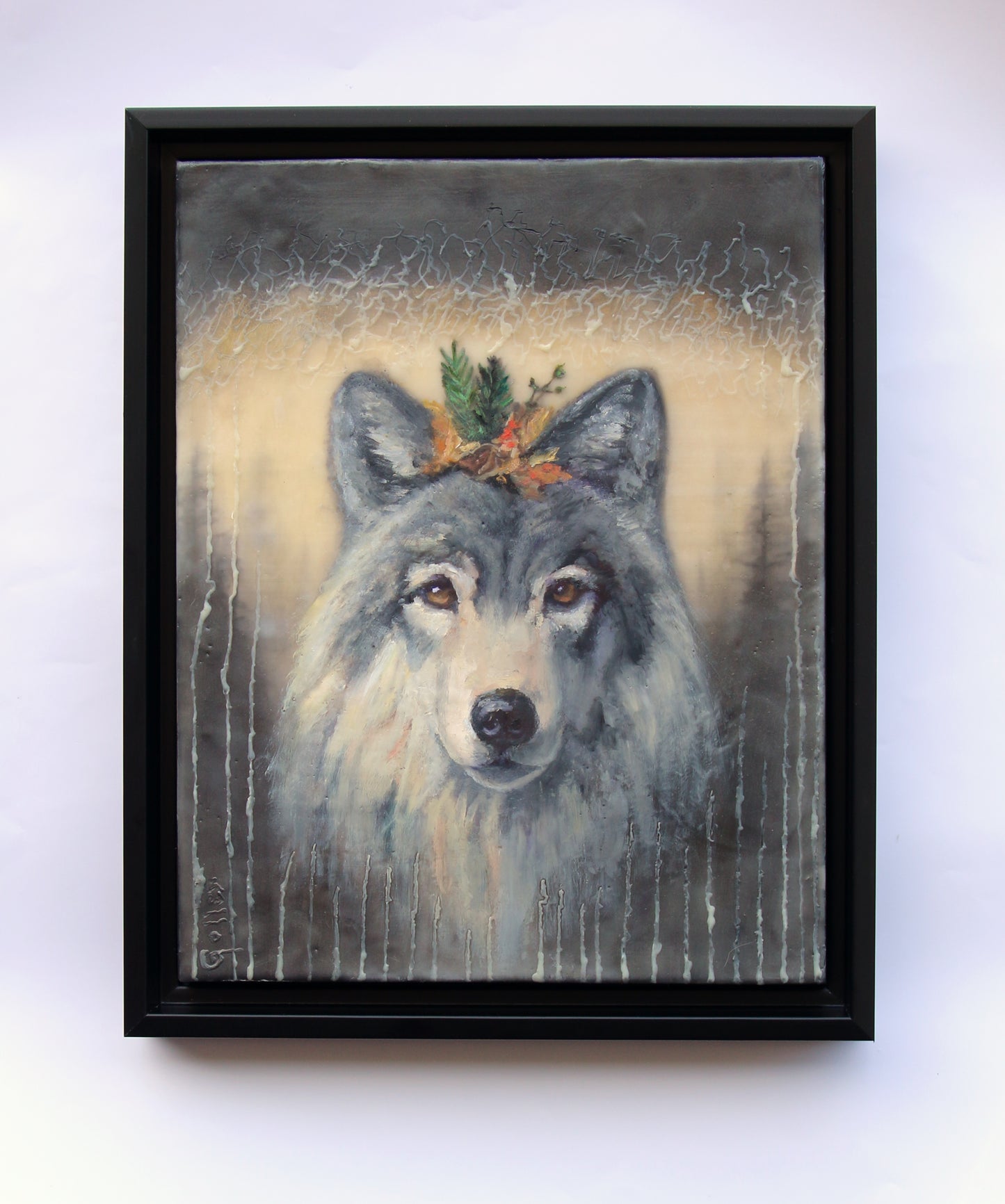 CARRIE GOLLER - Quiet Kingdom (Floriferous Collection, Dire Wolf), Mixed Media - oil/encaustic 14x11 ***At Abend Gallery, Denver, CO please inquire at (303) 355-0950***
