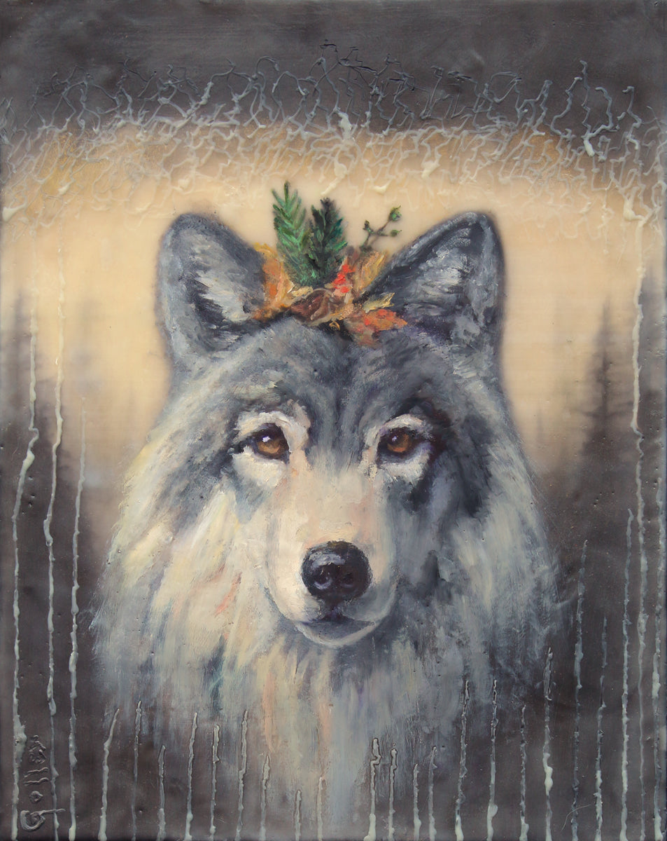 CARRIE GOLLER - Quiet Kingdom (Floriferous Collection, Dire Wolf), Mixed Media - oil/encaustic 14x11 ***At Abend Gallery, Denver, CO please inquire at (303) 355-0950***