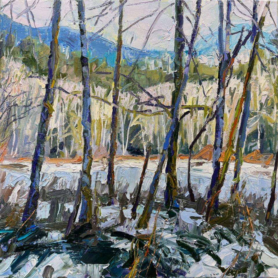 BRIAN MAHIEU - Quinault Alders - Last Snow, Oil on Canvas, 20x20 *Not currently in gallery, request to view*