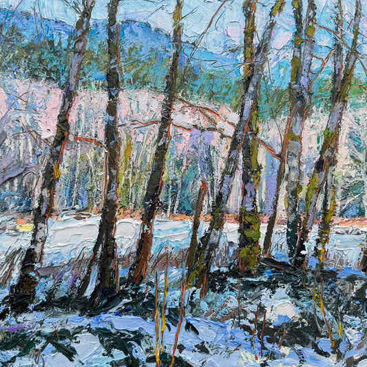 BRIAN MAHIEU - Quinault Alders - Snowy Meadow, Oil with cold wax medium on Arches oil paper mounted on cradled birch panel, 12x12