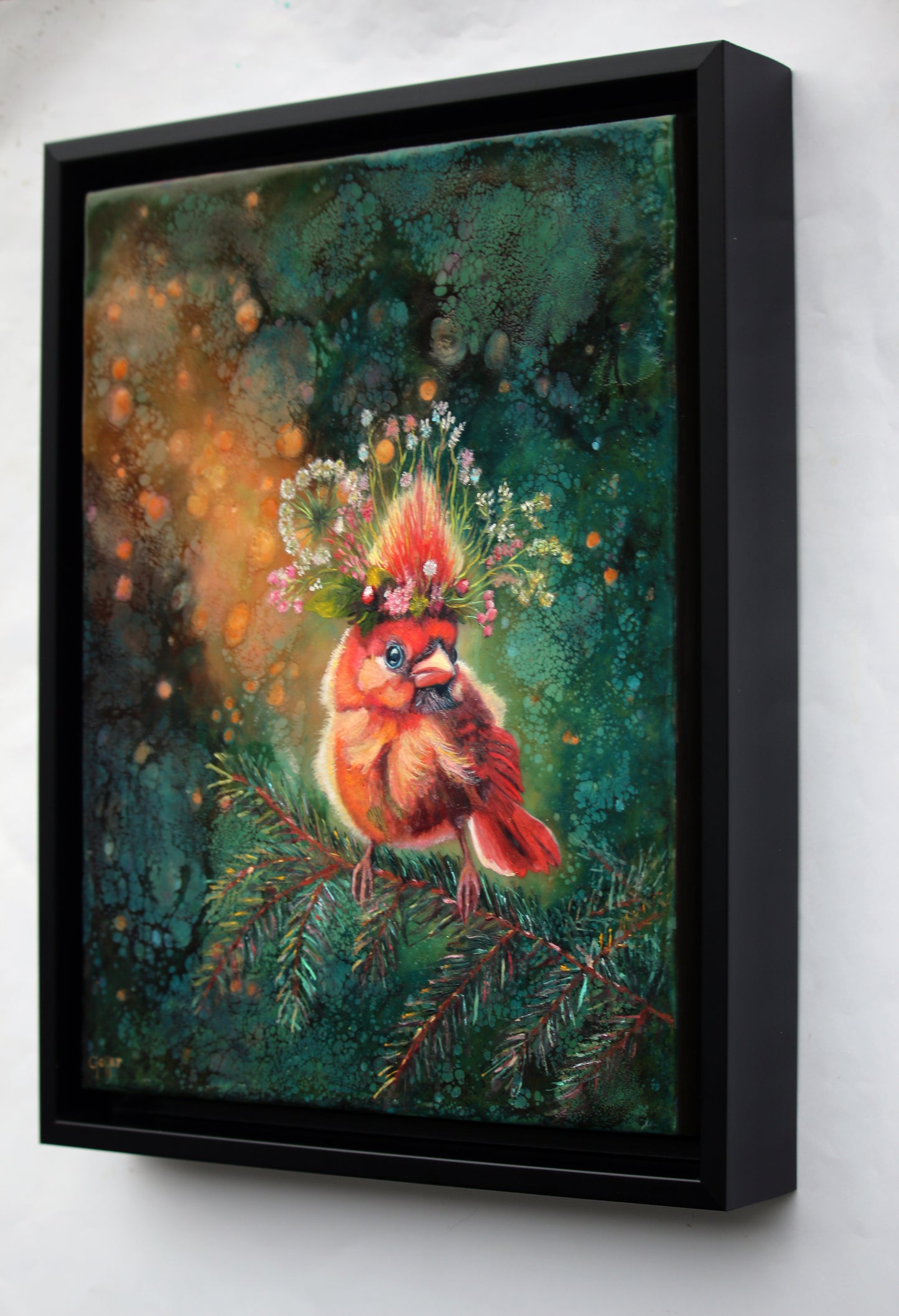 CARRIE GOLLER - Quinn, Floriferous Cardinal Bird, Mixed Media - Oil/Encaustic, 14x11 (framed) ***At Rehs Contemporary Galleries, NYC; please inquire at (212) 355-5710***