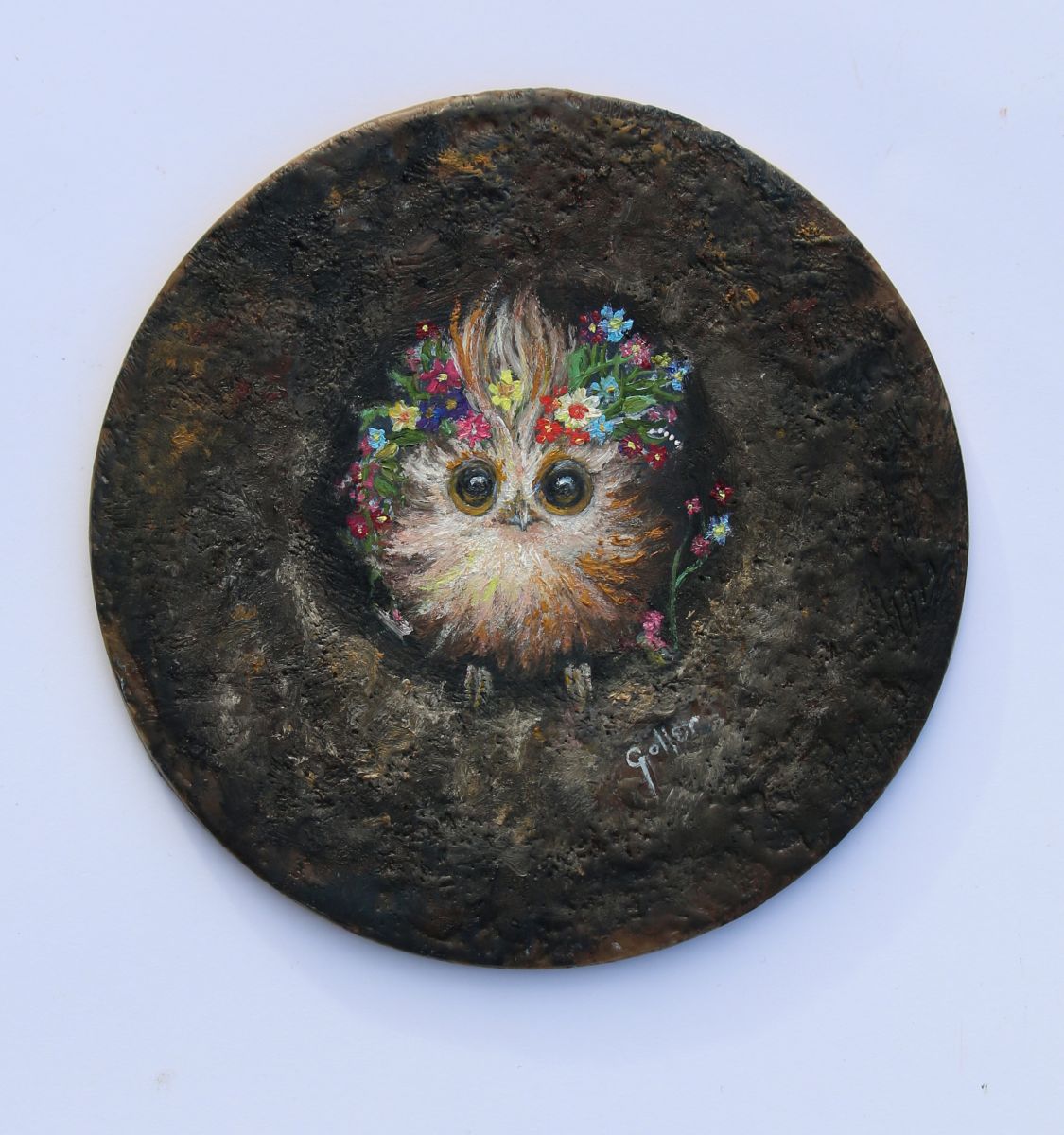 CARRIE GOLLER - Raoul (Floriferous Wowl), Original Oil/Encaustic Mixed Media, 5x5 ***At Rehs Contemporary Galleries, NYC; please inquire at (212) 355-5710***