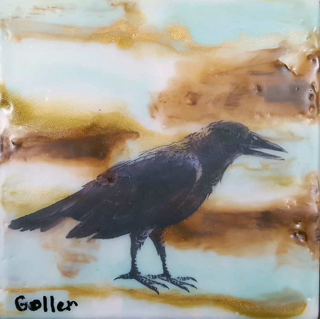 Prints available, original***SOLD*** Three Ravens - Encaustic / Mixed Media - 5x7