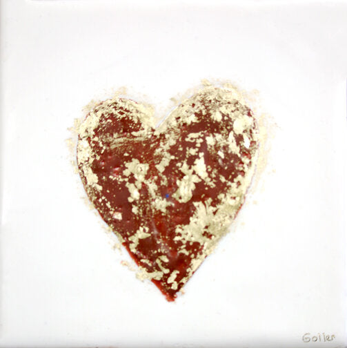 ***SOLD*** Carrie Goller - Red Heart on White encaustic/gold leaf 6x6x.75