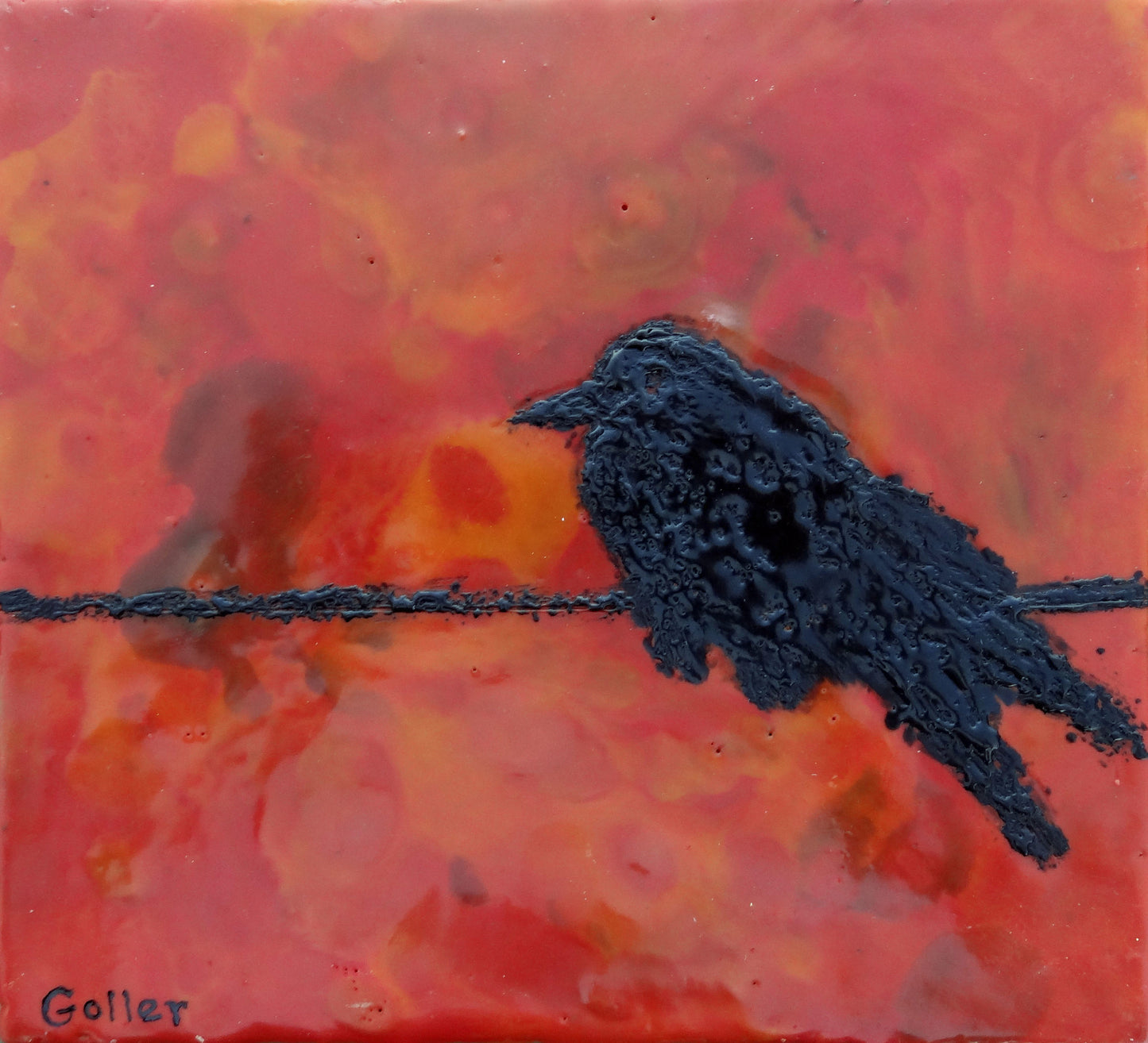 ***SOLD*** Carrie Goller - Red Raven, Encaustic 8x8