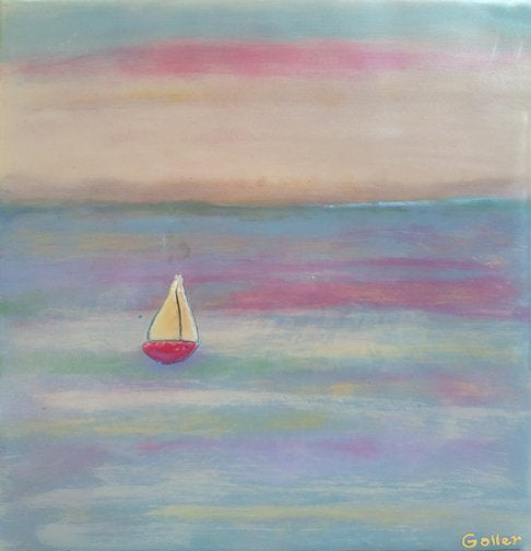 ***SOLD*** Carrie Goller - Red Sailboat II, encaustic/mixed media 7x7