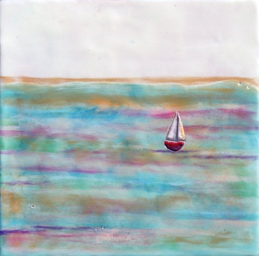 Prints available, original ***SOLD*** Carrie Goller - Red Sailboat III, encaustic/mixed media 11X11