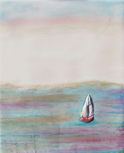 ***SOLD*** Carrie Goller - Red Sailboat, encaustic/mixed media 6.5X7.75
