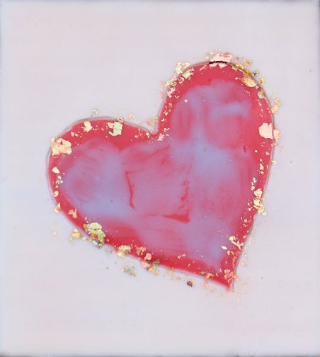 ***SOLD*** Carrie Goller - Red heart with blue on white 5.5x4.5, encaustic and gold leaf