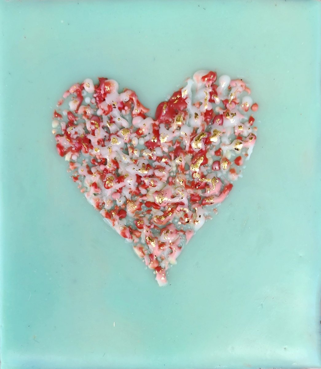 ***SOLD***Carrie Goller - Red Confetti Heart on Mint with Gold Leaf, encaustic 4x3.5