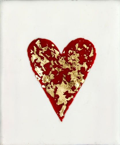 ***SOLD*** Carrie Goller - Red gold leaf heart on white encaustic 4x3.5
