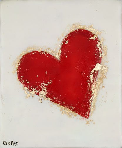 ***SOLD*** Carrie Goller - Red Heart with Gold Leaf on White, encaustic 5.25x4.5