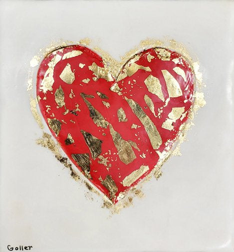 ***SOLD*** Carrie Goller - Red Heart with Gold Leaf on White, encaustic 7x7