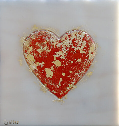***SOLD*** Carrie Goller - Red on White Heart with Gold Leaf, encaustic 5.25x5x2