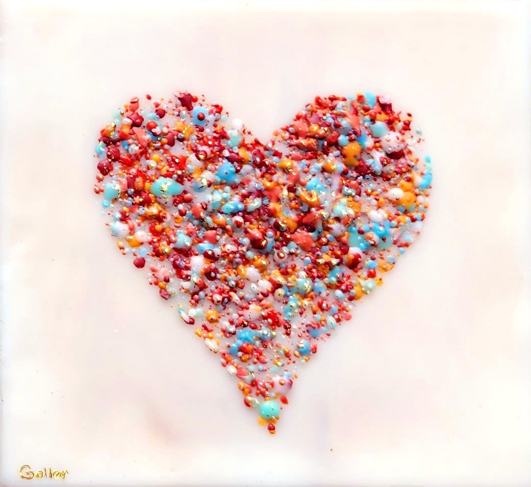 ***SOLD***Carrie Goller - Red Confetti heart on white, encaustic with gold leaf 5.25x5