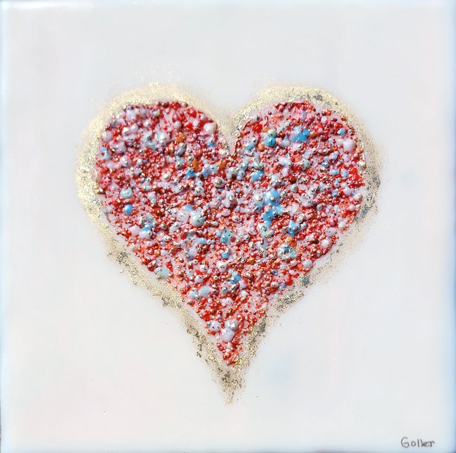 ***SOLD*** Carrie Goller - Red Confetti heart on white, encaustic with gold leaf 7x7
