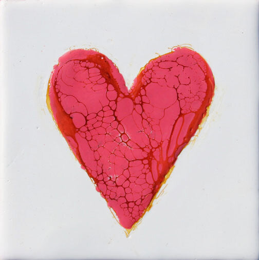 ***SOLD*** Carrie Goller - Marbled Red Heart on White, encaustic 5x5