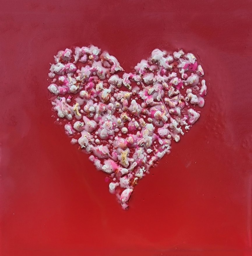 Carrie Goller - Encaustic Heart, White/Pink/Gold Leaf confetti heart on Candy Red Wood Block 5.5x5.25