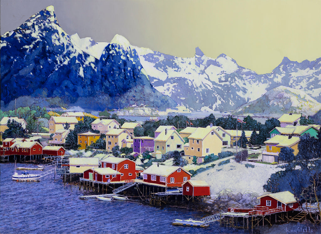 Prints available, original ***SOLD*** MAX HAYSLETTE - Reine, North of the Artic Circle (HMOC 1684) Oil & Mixed Media 32x44