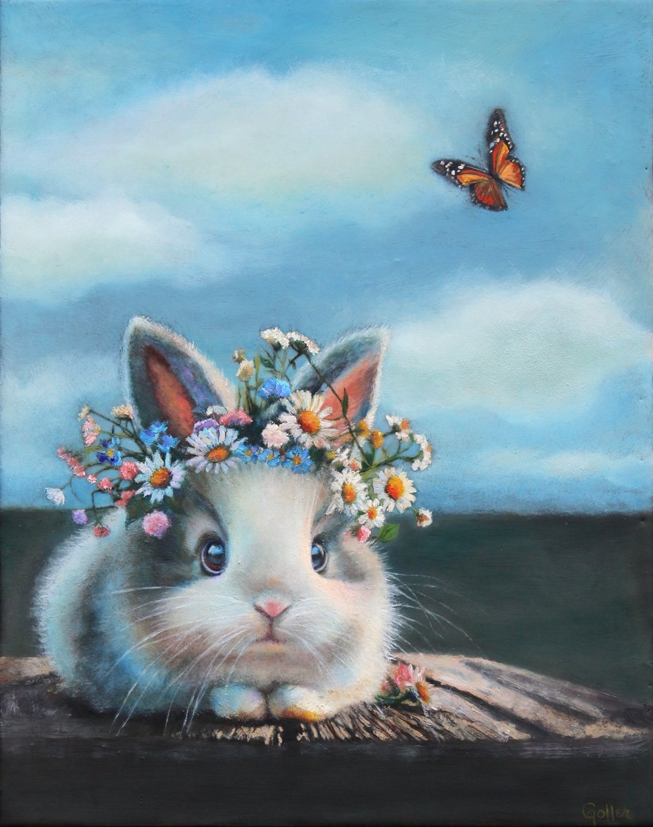 Prints available, original ***SOLD*** CARRIE GOLLER - Rhonda (Floriferous Collection Bunny), Mixed Media - Oil/Encaustic 14x11 ***At Rehs Contemporary Galleries, NYC, please inquire at (212) 355-5710***