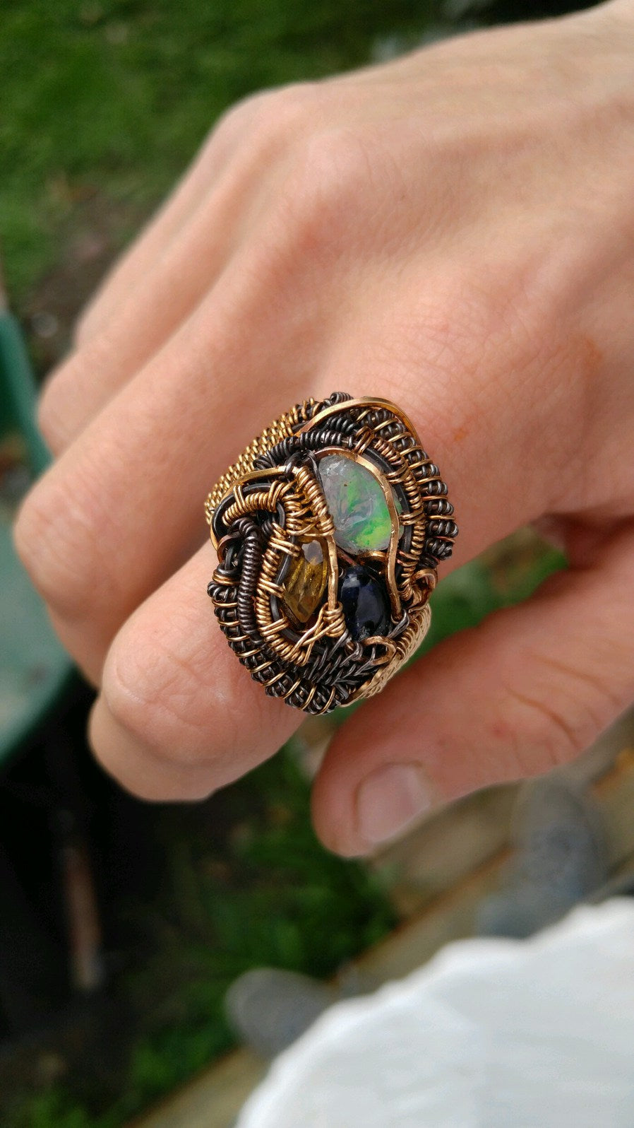CHARLES GOLLER - Ethiopian Opal with Citrine and Kyanite sterling wire-wrapped crystal/gemstone ring, size 8