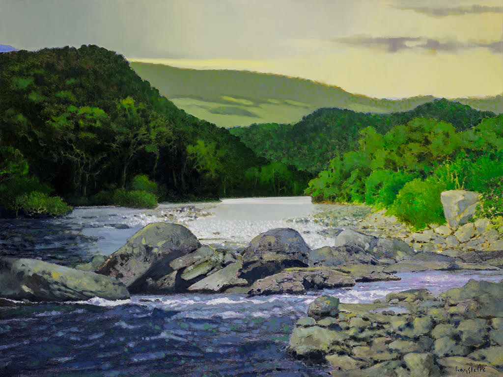 Prints available, original ***SOLD*** MAX HAYSLETTE - River Music No. 2 (HMOC 1633), Oil & Mixed Media 30x40