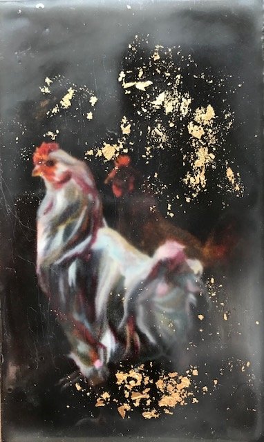 ***SOLD***Carrie Goller, Rooster, miniature encaustic giclee print with gold leaf, 3 x 4.75