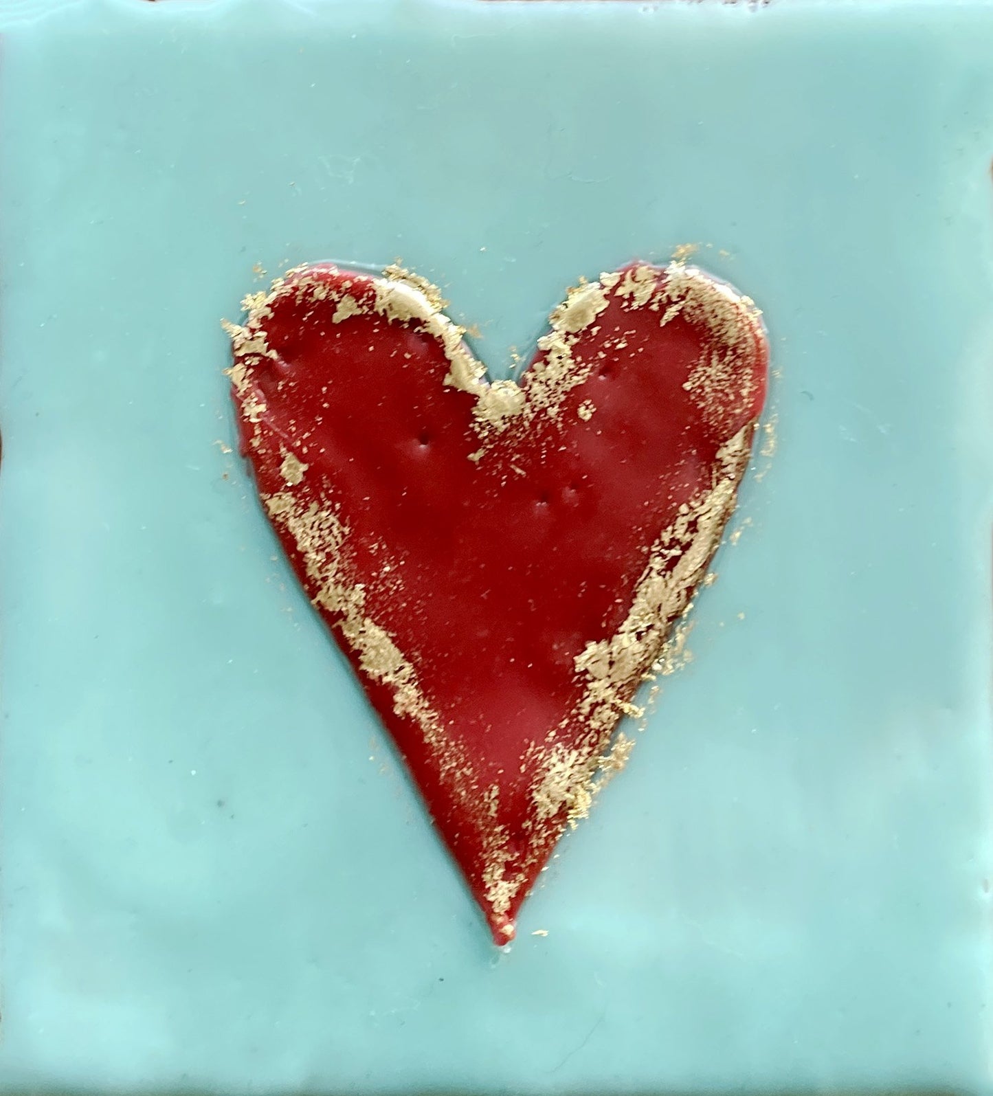 ***SOLD*** Carrie Goller - Red Heart on Blue with Gold Leaf, encaustic 3.75x3.5