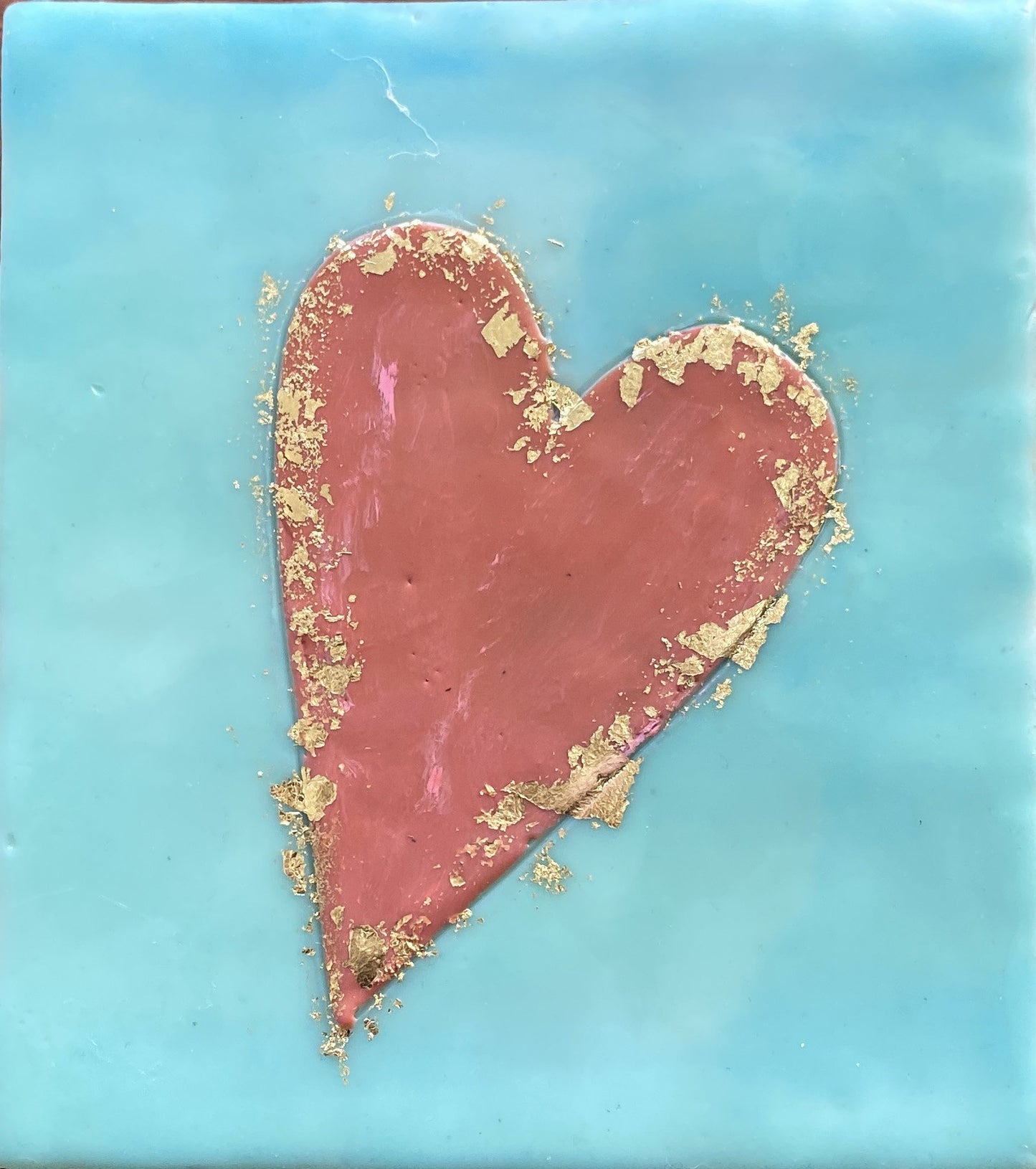 ***SOLD*** Carrie Goller - Pink Heart on Blue with Gold Leaf, encaustic 5.5x5