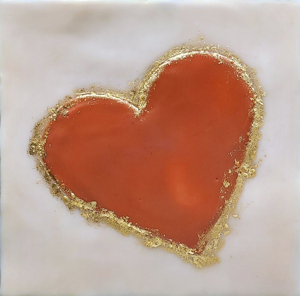***SOLD***Carrie Goller - Encaustic Heart, Rose/Gold Leaf confetti heart on White Wood Block 7x7