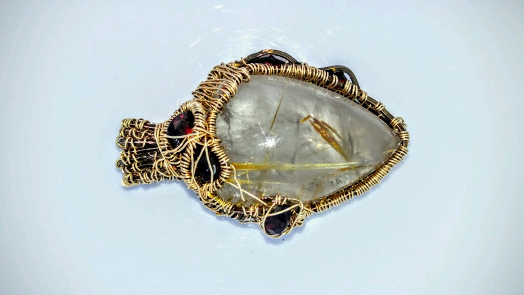 ***SOLD*** CHARLES GOLLER - Rutilated Quartz, 5+ Carats Garnet Pendant (snake chain included)