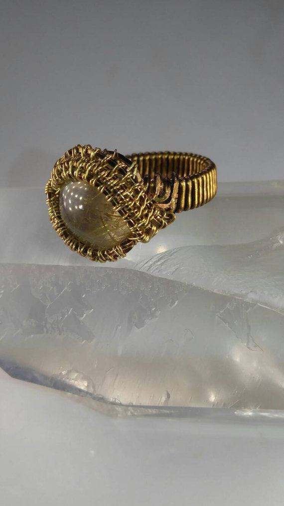 ***SOLD** CHARLES GOLLER - Rutilated Quartz ring in silver and gold-plated wire-wrapped, size 7