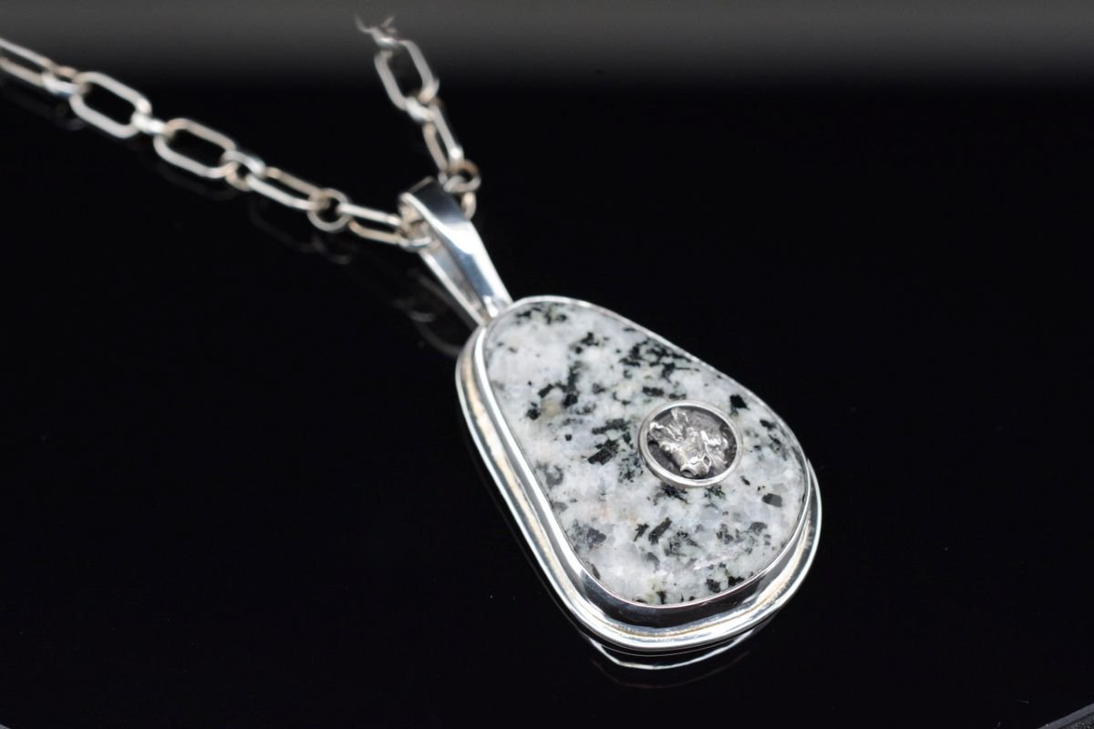 Jody Lyle - Black and White Spotted Beach Rock Silver Pendant