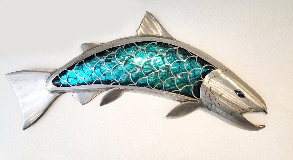 BOB KIMBALL - Coho Salmon Wall Sculpture - Turquoise Glass and Stainless Steel 36x15