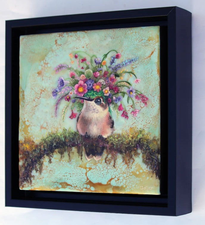 CARRIE GOLLER - Colette, Floriferous Hummingbird, Oil 8x8 (framed) ***At Jones and Terwilliger Galleries, Palm Desert, CA please inquire at (760) 674-8989***
