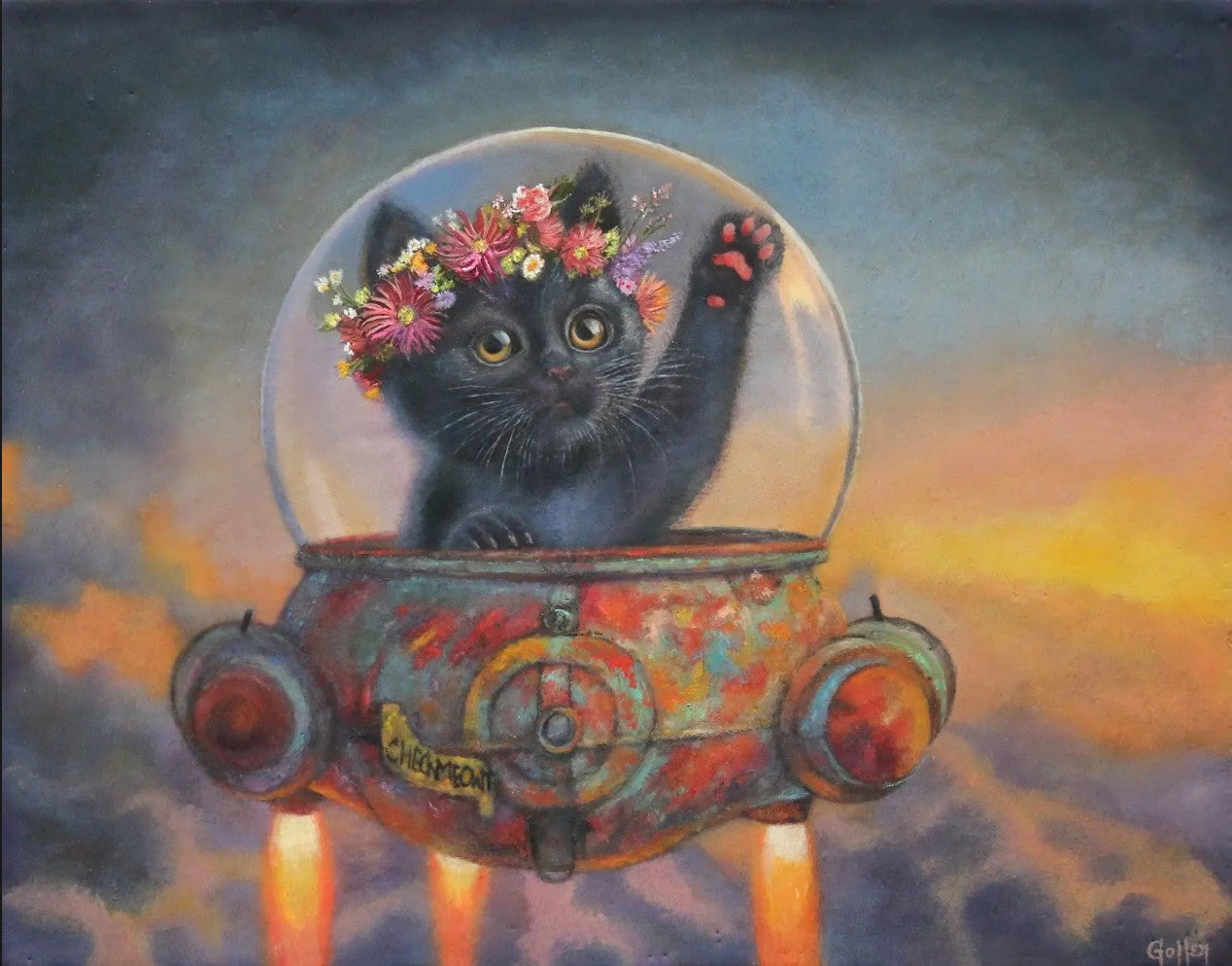 CARRIE GOLLER - Check Meowtt!! Floriferous Cat, Mixed Media - Oil/Encaustic, 11"x14" ******At Rehs Contemporary Galleries, NYC, please inquire at (212) 355-5710***