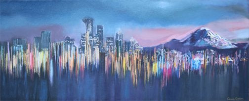 ***SOLD***Carrie Goller - Seatown Lights, oil/mixed media 12x30