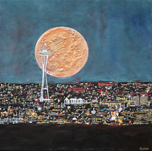 CARRIE GOLLER PRINTS - SEA, CITY, LANDSCAPES - Seatown Cityscape (original 20x20 encaustic)