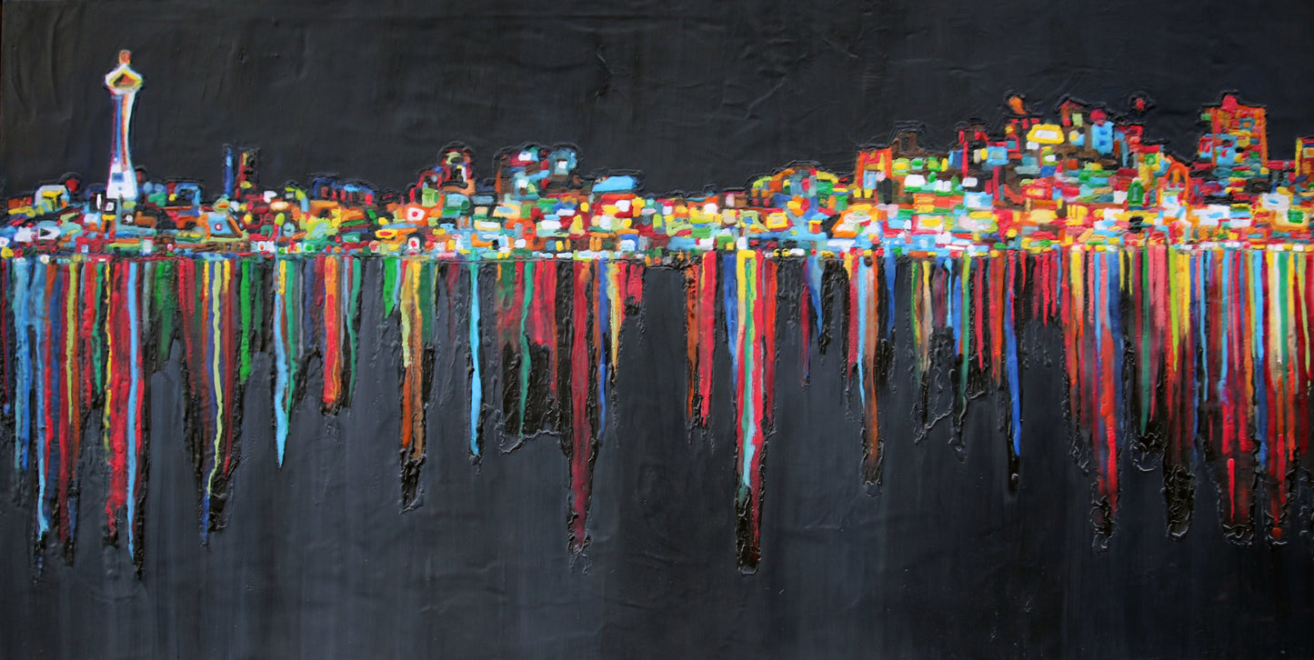 Prints available, original ***SOLD*** Seattle Night - Encaustic - 24x48